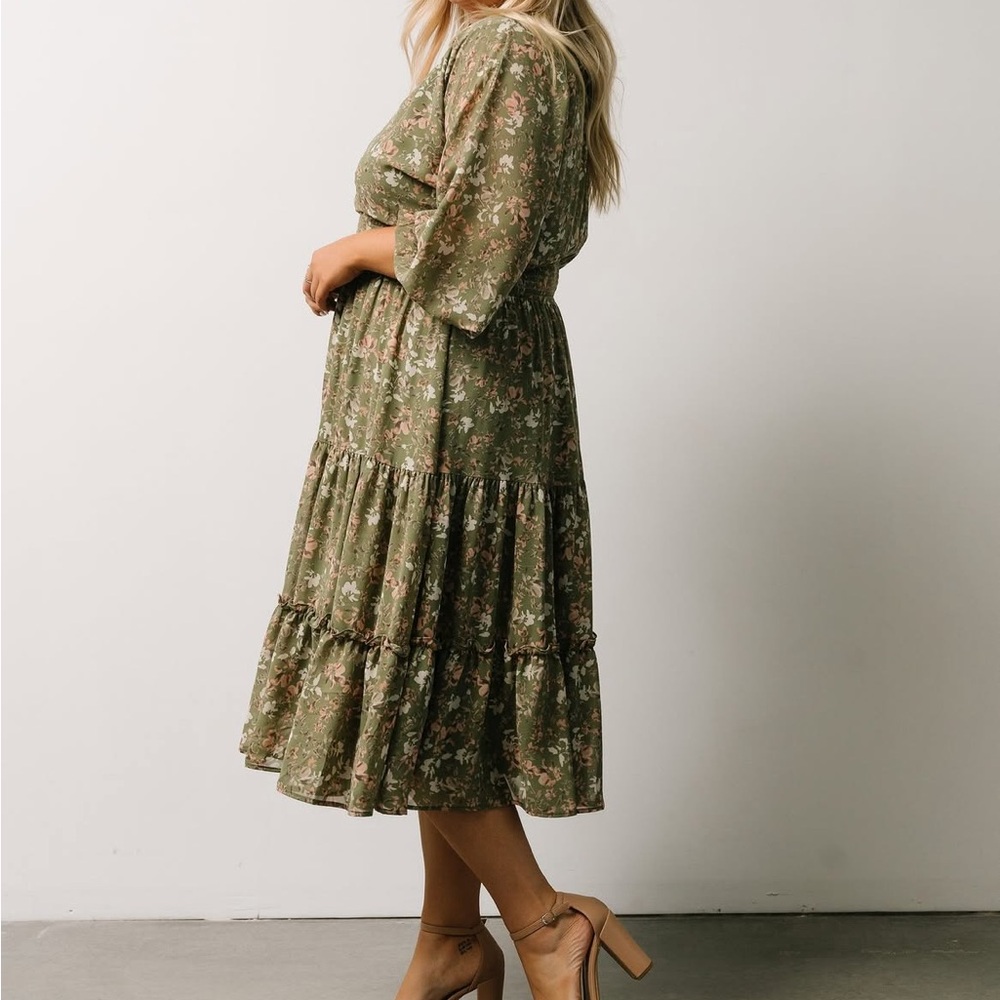 Olive Green Floral Tiered Midi Dress - Picture 7 of 16